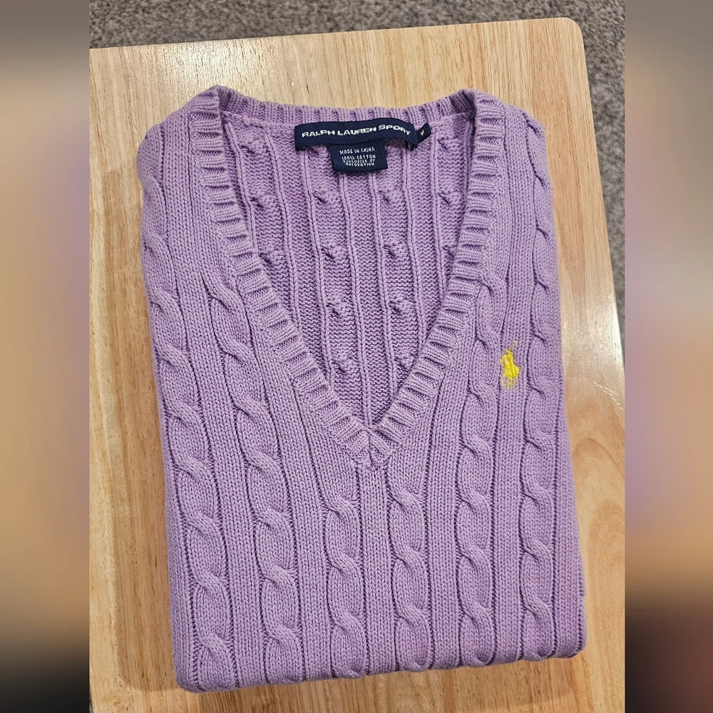 Ralph Lauren Sport Women's Lavender V-Neck Sweater 100% Cotton Size-M - Picture 2 of 11
